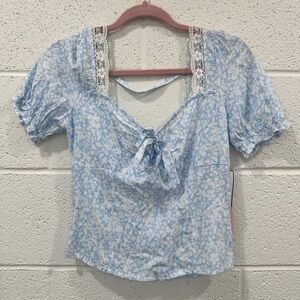 Crave Fame Blue Floral Smocked Puff Sleeve Crop Top Lace Trim Small